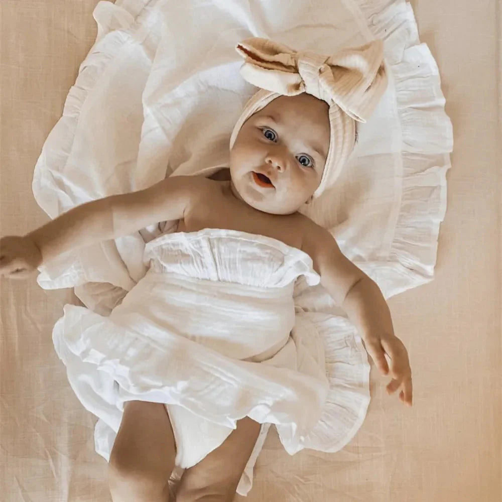 Organic Cotton Ruffled Muslin Baby Swaddle Blanket - 4 Colours