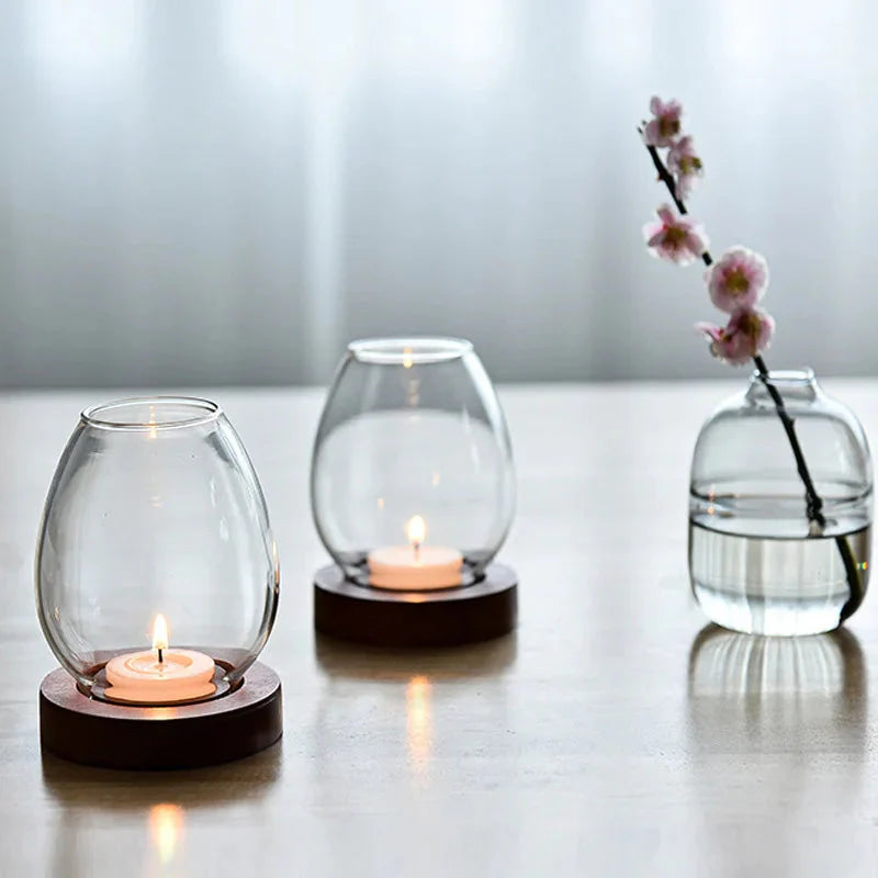 Oval Clear Glass Candle Tea Light Holder With Wood Base - Brown & Black