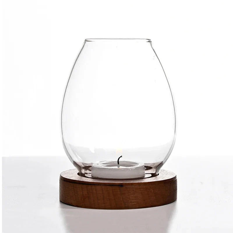Oval Clear Glass Candle Tea Light Holder With Wood Base - Brown & Black