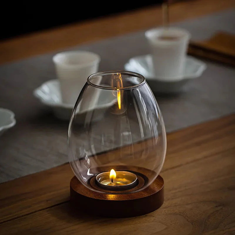 Oval Clear Glass Candle Tea Light Holder With Wood Base - Brown & Black