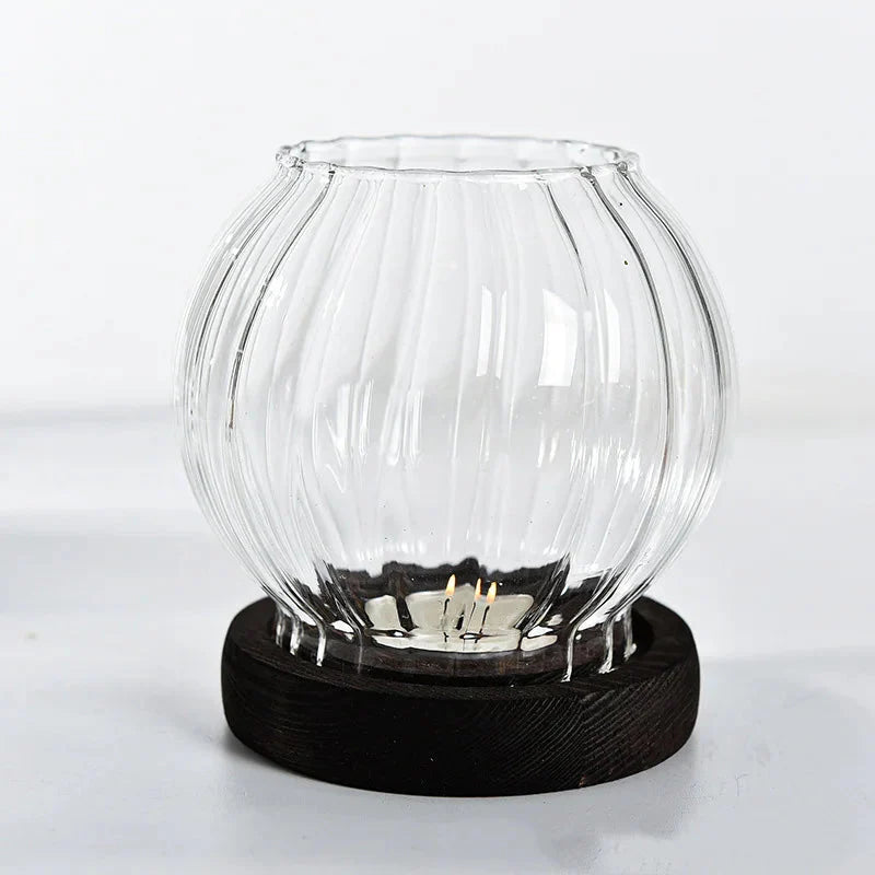 Oval Clear Glass Candle Tea Light Holder With Wood Base - Brown & Black