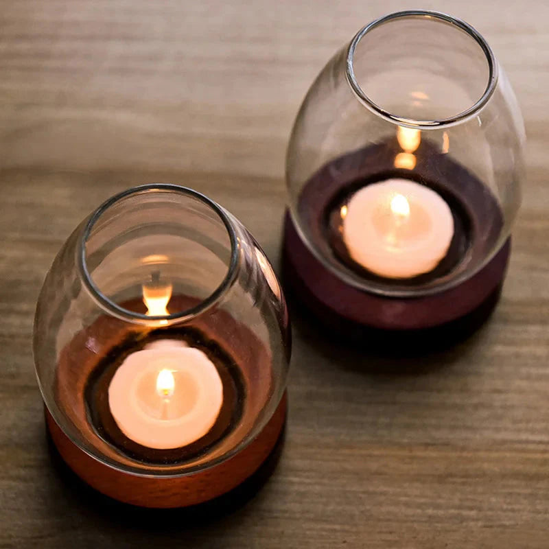 Oval Clear Glass Candle Tea Light Holder With Wood Base - Brown & Black