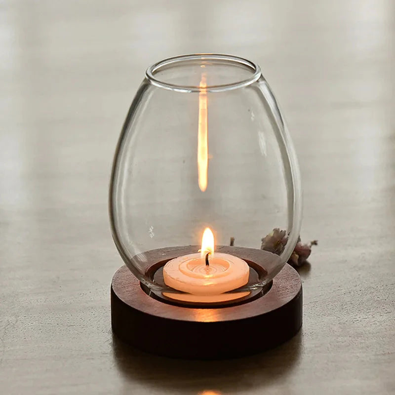 Oval Clear Glass Candle Tea Light Holder With Wood Base - Brown & Black