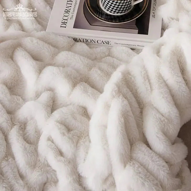 Plush Luxury Faux Rabbit Fur Bedspread Throw - Ivory, Pink, Grey & Blue