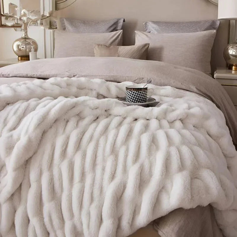 Plush Luxury Faux Rabbit Fur Bedspread Throw - Ivory, Pink, Grey & Blue