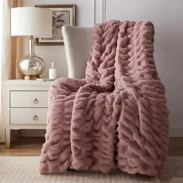 Plush Luxury Faux Rabbit Fur Bedspread Throw - Ivory, Pink, Grey & Blue