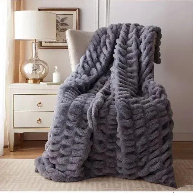 Plush Luxury Faux Rabbit Fur Bedspread Throw - Ivory, Pink, Grey & Blue