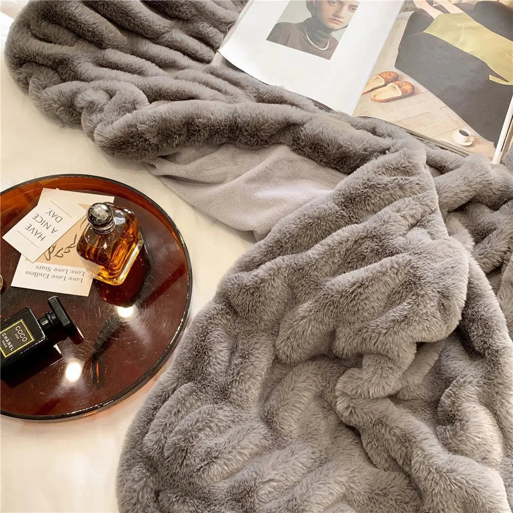Plush Luxury Faux Rabbit Fur Bedspread Throw - Ivory, Pink, Grey & Blue