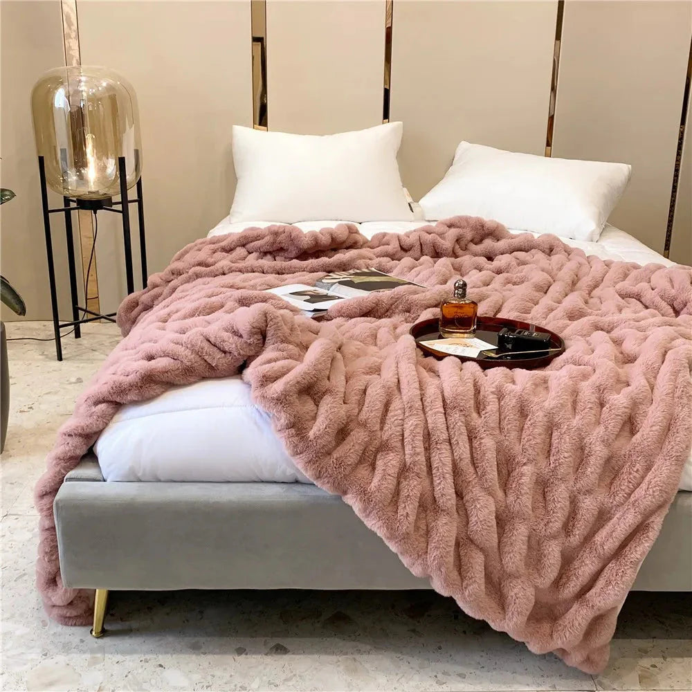 Plush Luxury Faux Rabbit Fur Bedspread Throw - Ivory, Pink, Grey & Blue