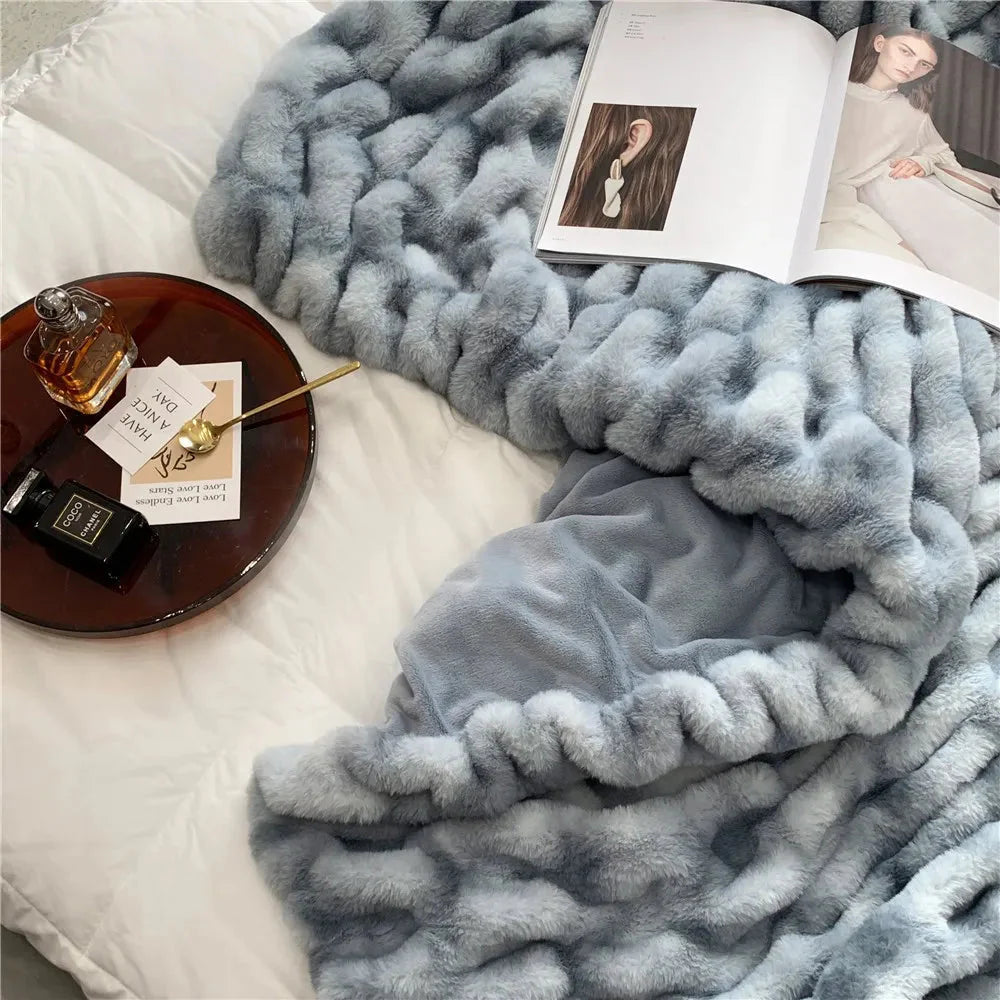 Plush Luxury Faux Rabbit Fur Bedspread Throw - Ivory, Pink, Grey & Blue