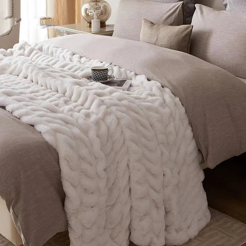 Plush Luxury Faux Rabbit Fur Bedspread Throw - Ivory, Pink, Grey & Blue