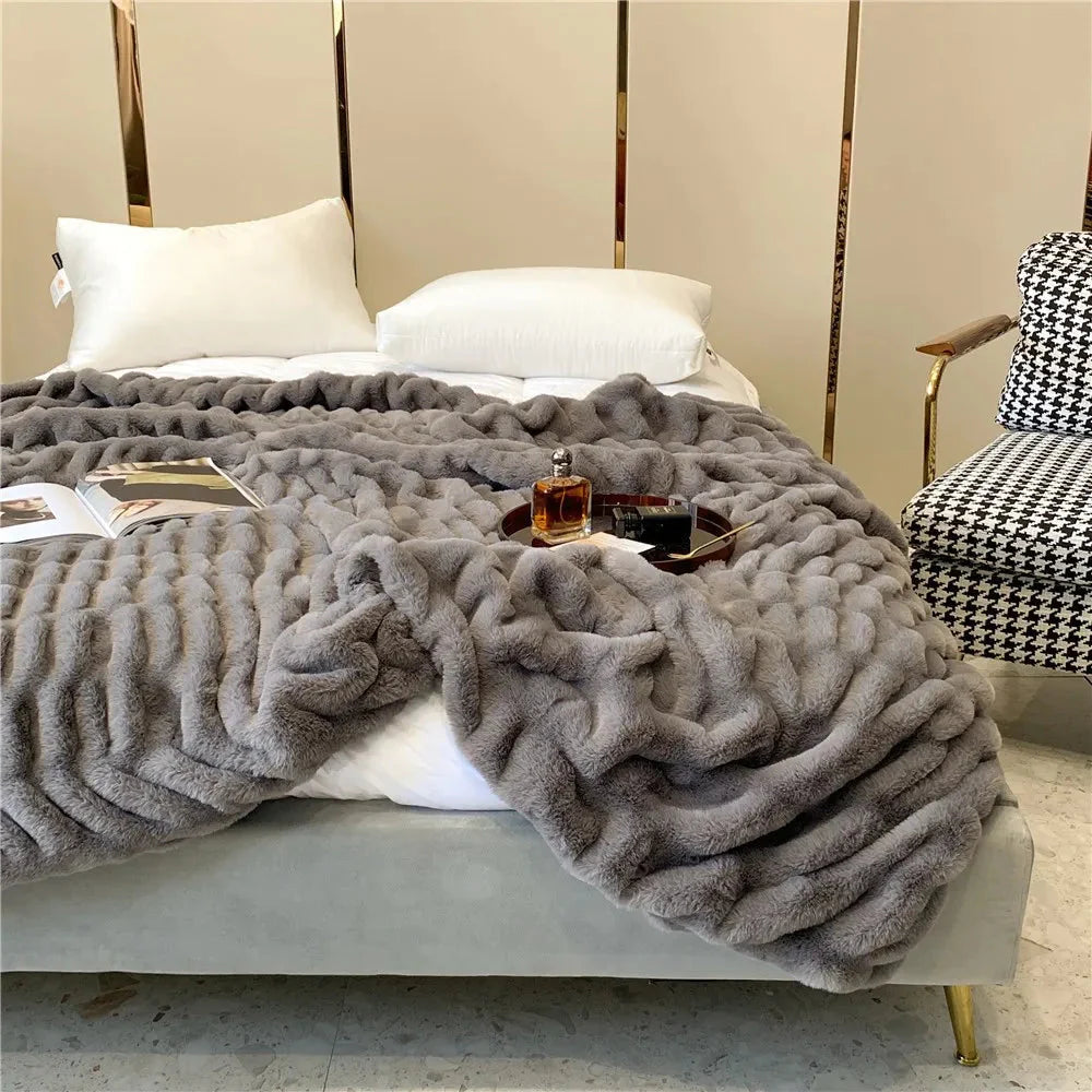 Plush Luxury Faux Rabbit Fur Bedspread Throw - Ivory, Pink, Grey & Blue
