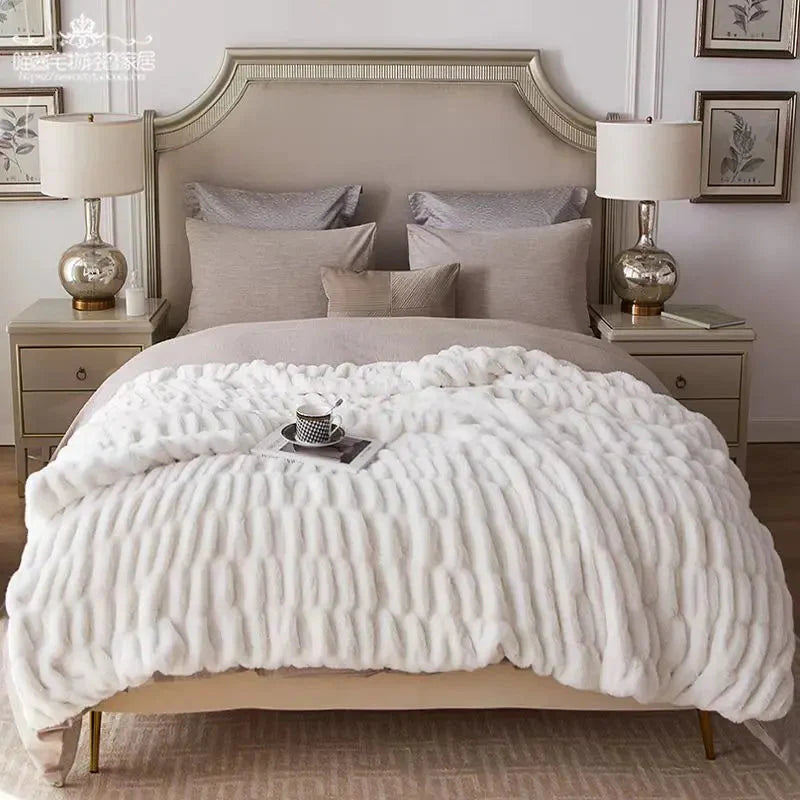 Plush Luxury Faux Rabbit Fur Bedspread Throw - Ivory, Pink, Grey & Blue