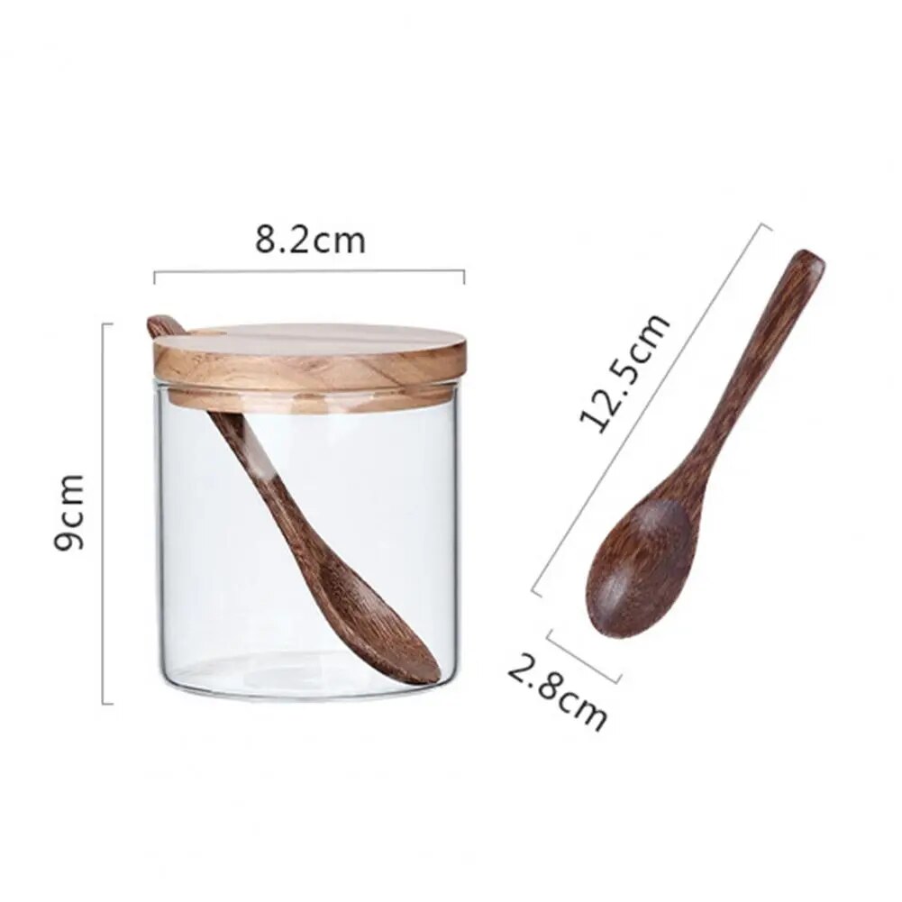 Premium Glass Wood Spice Storage Jar with Wood Spoon