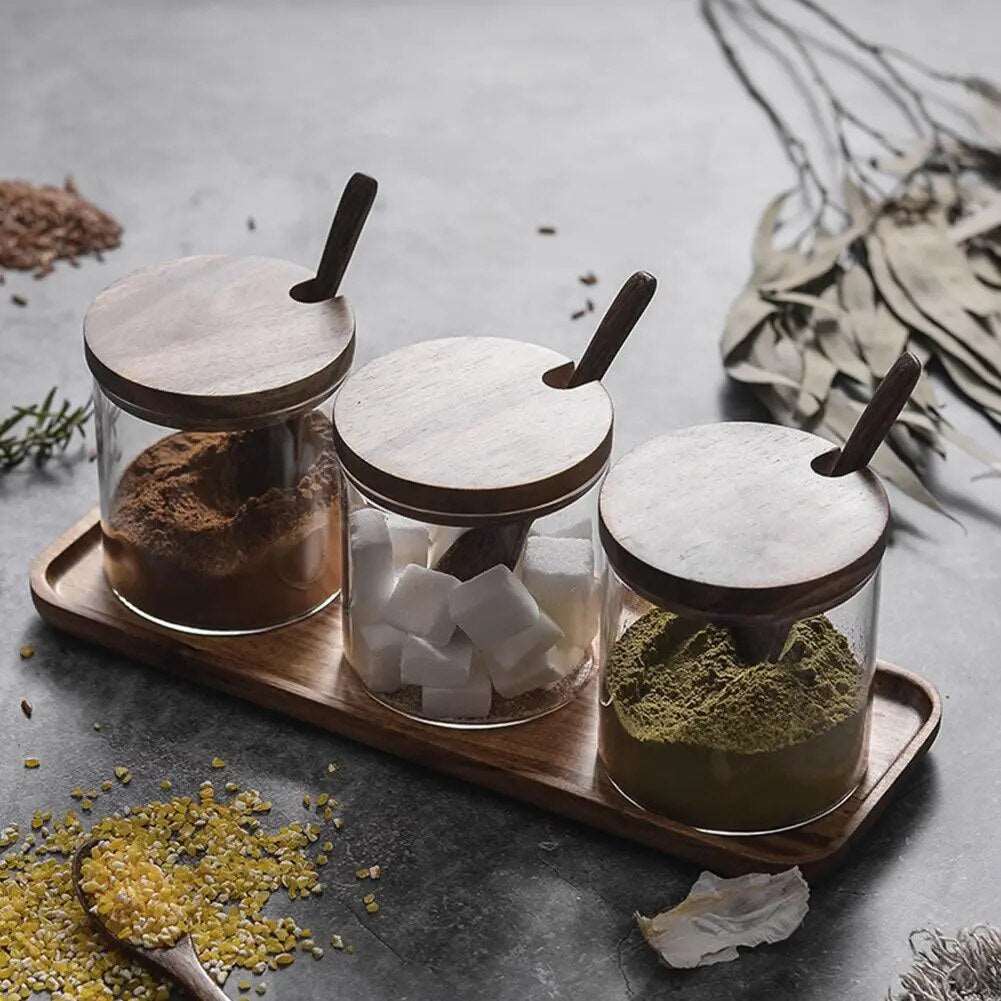 Premium Glass Wood Spice Storage Jar with Wood Spoon