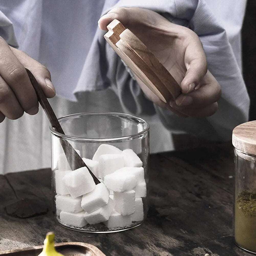 Premium Glass Wood Spice Storage Jar with Wood Spoon