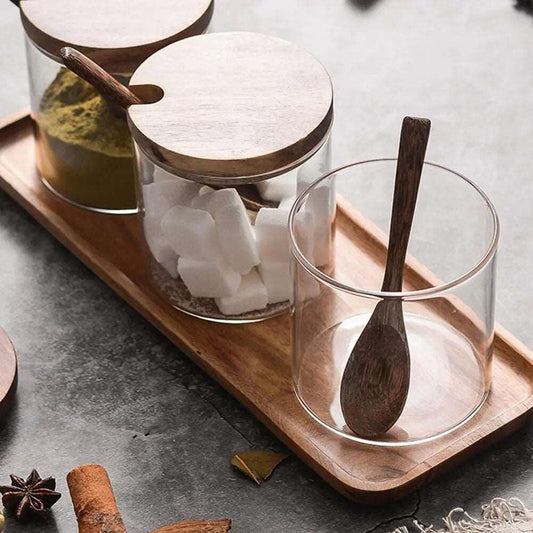 Premium Glass Wood Spice Storage Jar with Wood Spoon