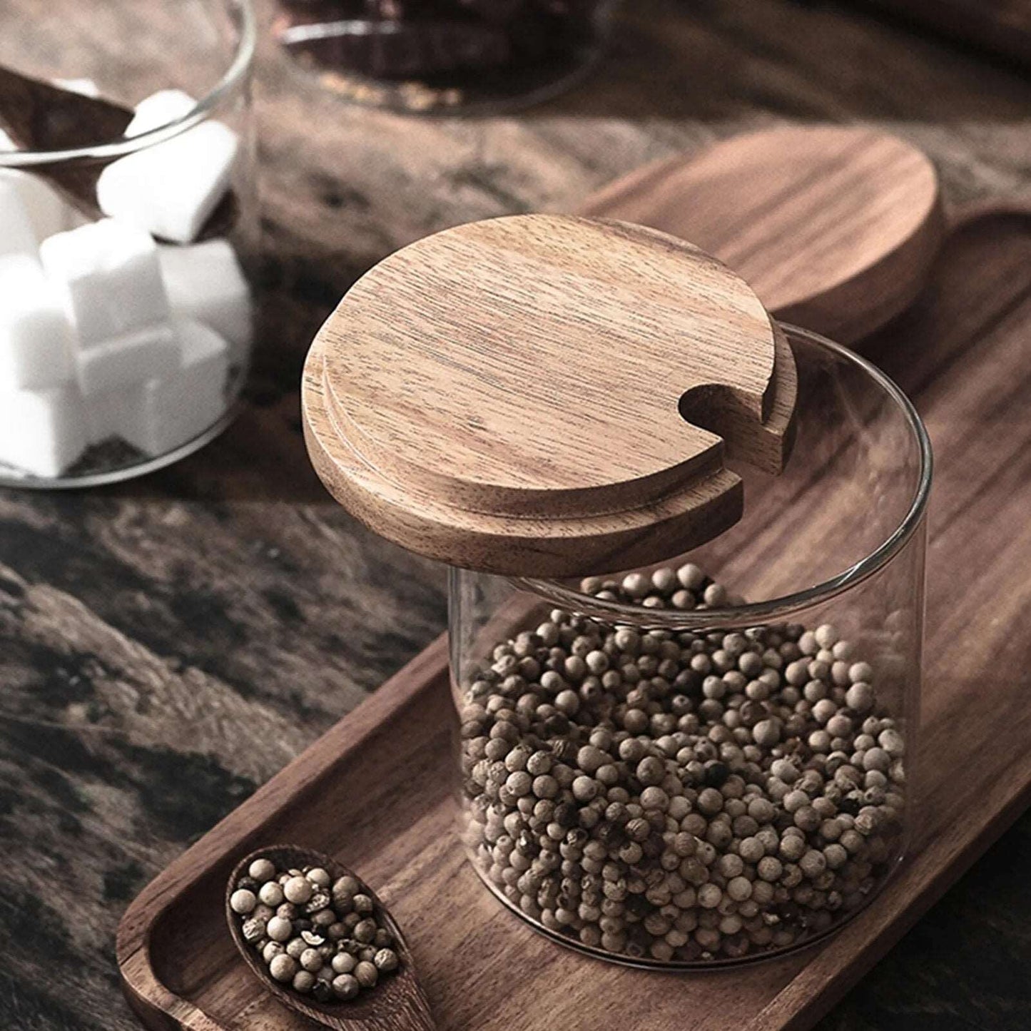 Premium Glass Wood Spice Storage Jar with Wood Spoon