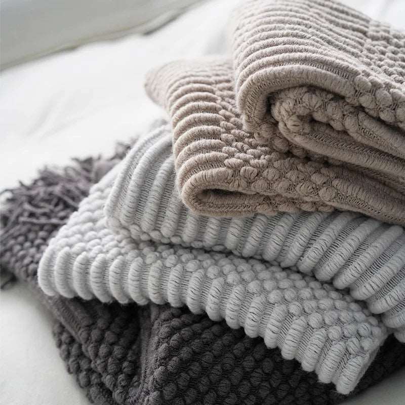 Premium Nordic Style Knitted Throw - Grey, Dark Grey, White & Beige