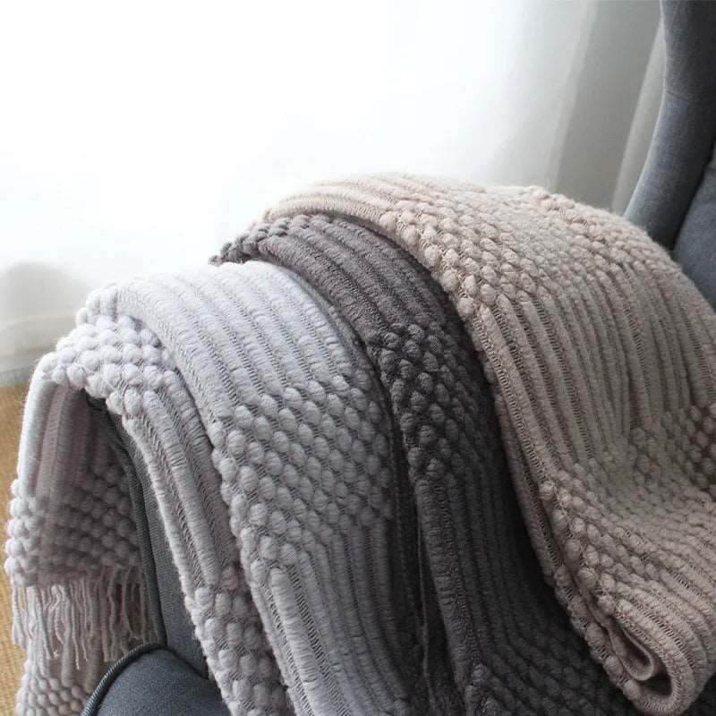 Premium Nordic Style Knitted Throw - Grey, Dark Grey, White & Beige