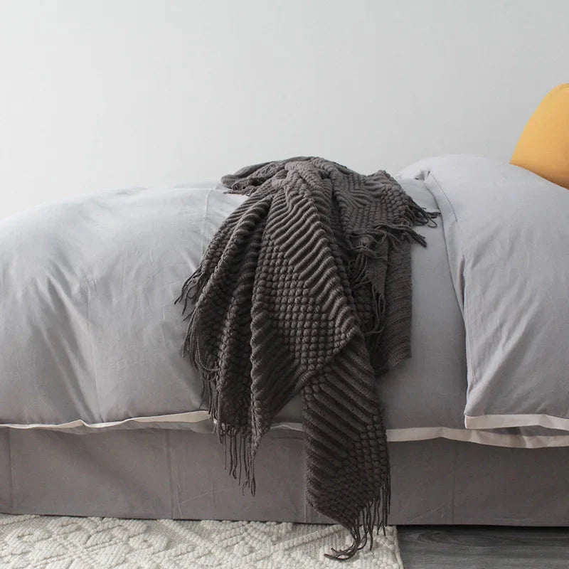 Premium Nordic Style Knitted Throw - Grey, Dark Grey, White & Beige