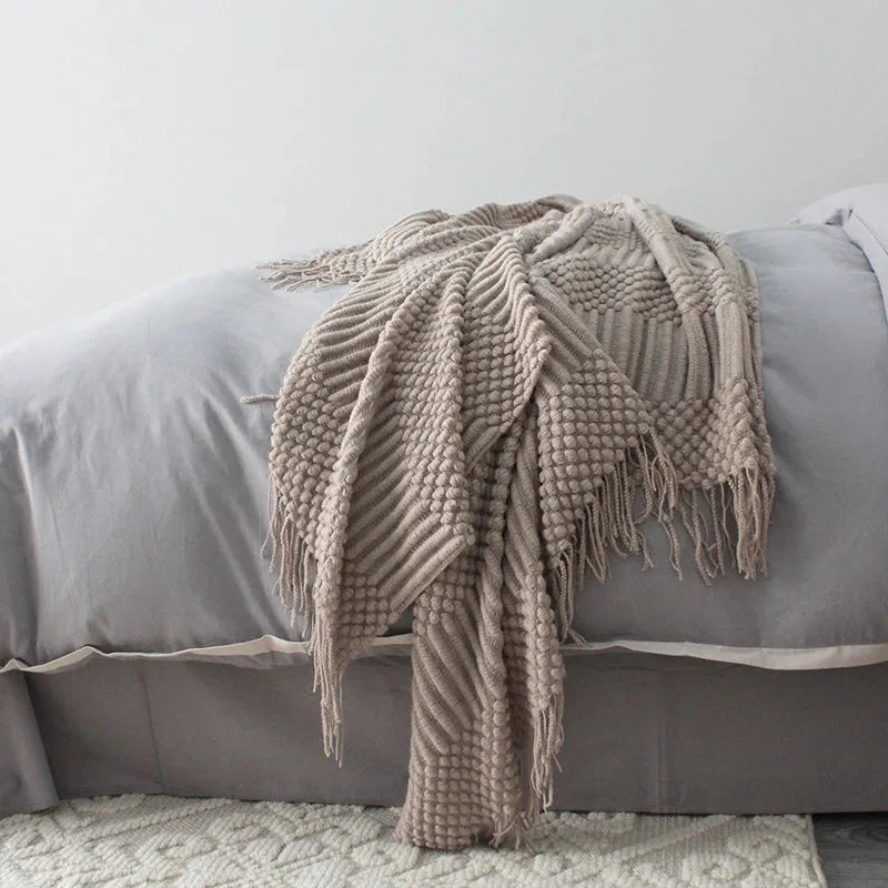 Premium Nordic Style Knitted Throw - Grey, Dark Grey, White & Beige