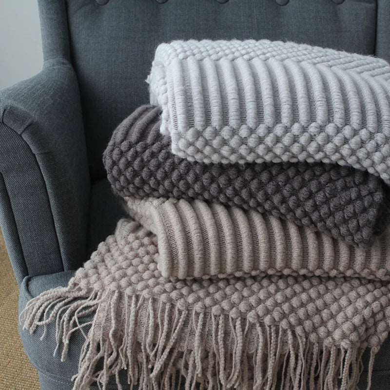 Premium Nordic Style Knitted Throw - Grey, Dark Grey, White & Beige