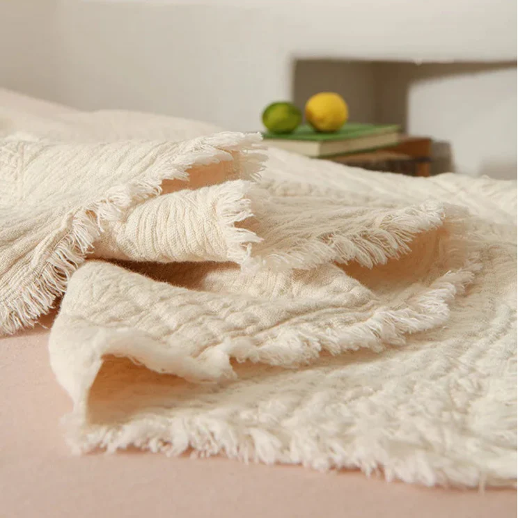 Pure Muslin Cotton Throw with Decorative Pattern & Tassels - White, Beige, Grey & Pink