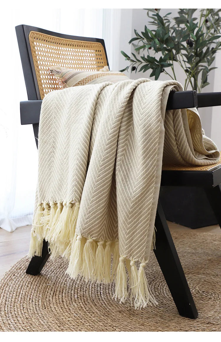 Traditional Luxury Geometric Knitted Blanket Throw With Tassels - Green, Beige & Yellow