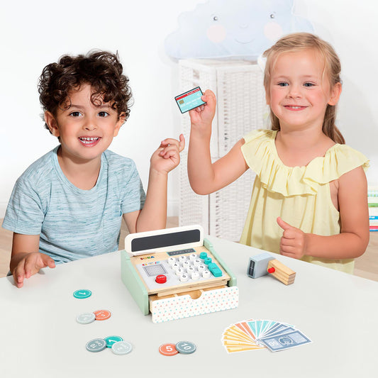 Realistic Wooden Cash Register Playset for Kids