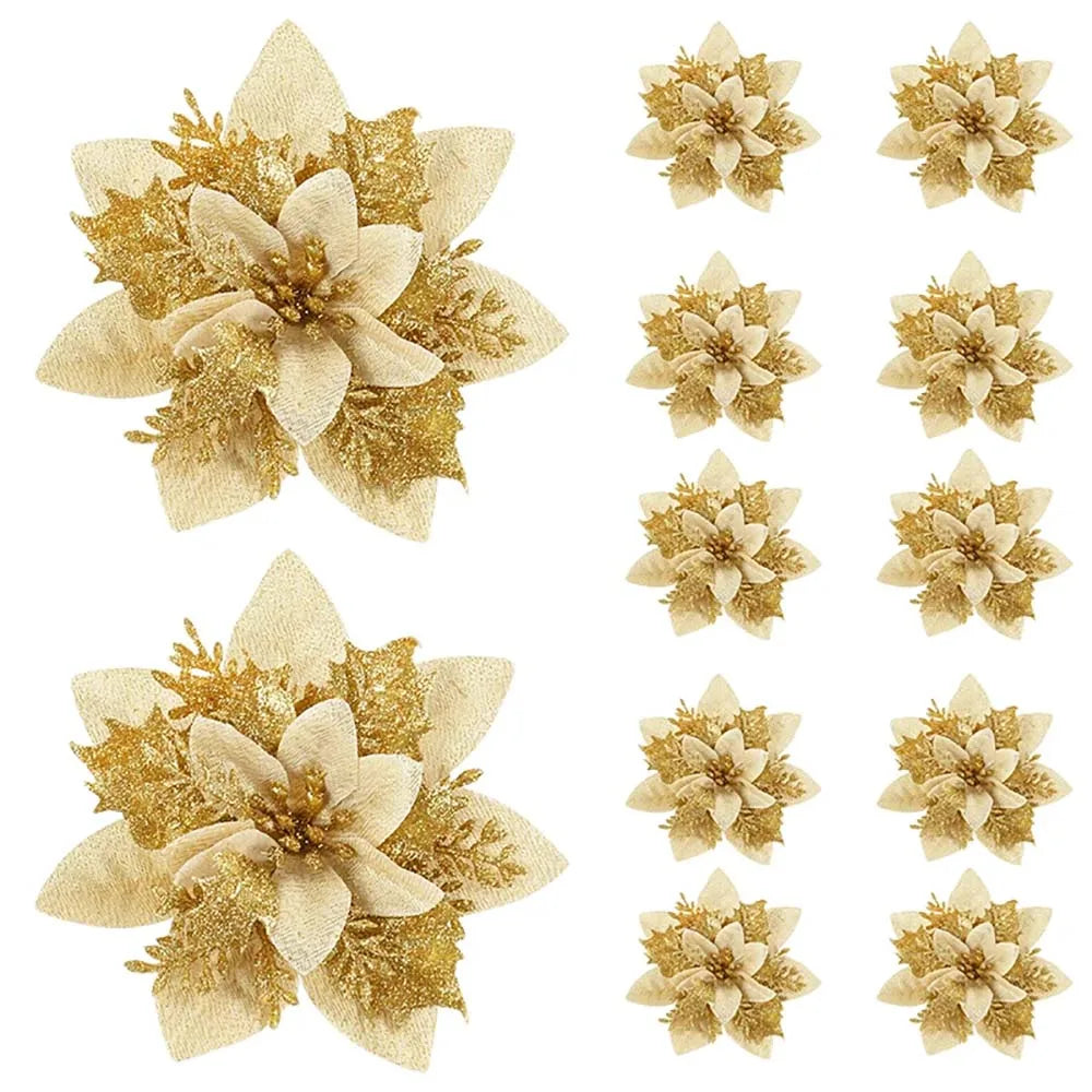 5/10pcs Glitter Poinsettia Christmas Flowers – Red, Pink & Gold Artificial Tree Ornaments for Holiday Home Décor