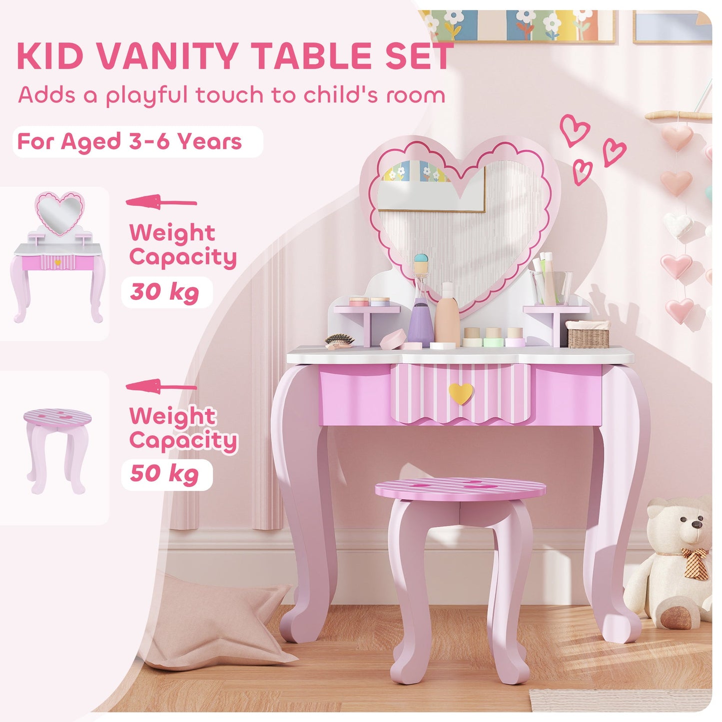 AIYAPLAY Kids Vanity Set: Adorable 2-Piece Dressing Table & Stool for Kids