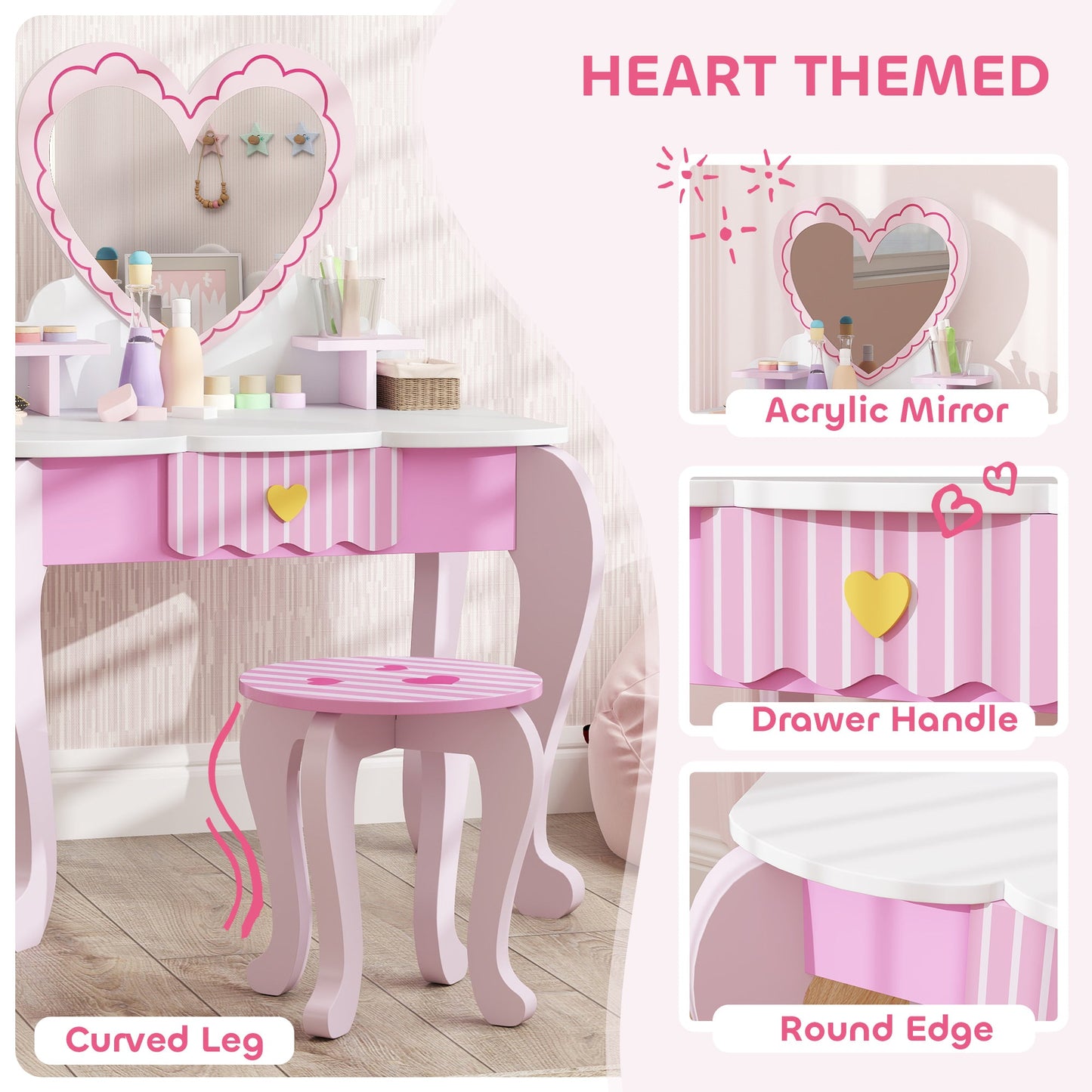 AIYAPLAY Kids Vanity Set: Adorable 2-Piece Dressing Table & Stool for Kids