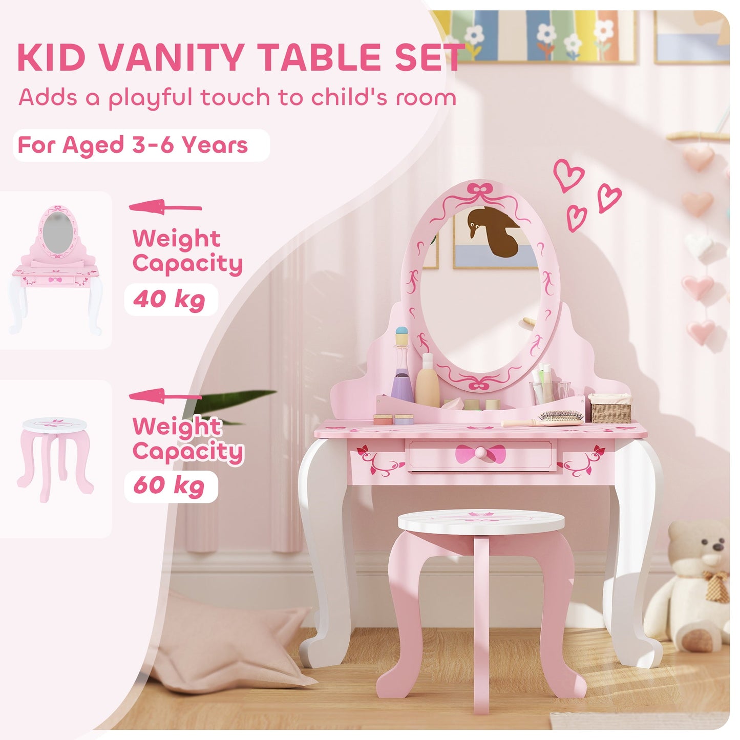 Enchanting Ballet Print Kids Vanity Set with Safe Mirror & Storage Solutions