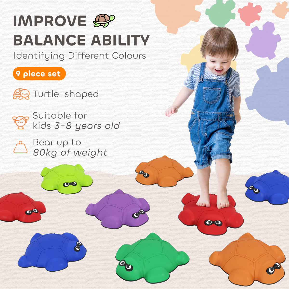 AIYAPLAY 9 PCS Colorful Turtle-Shaped Stepping Stones for Kids' Balance Fun
