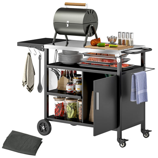 Stainless Steel BBQ Trolley with Folding Table & Wheels
