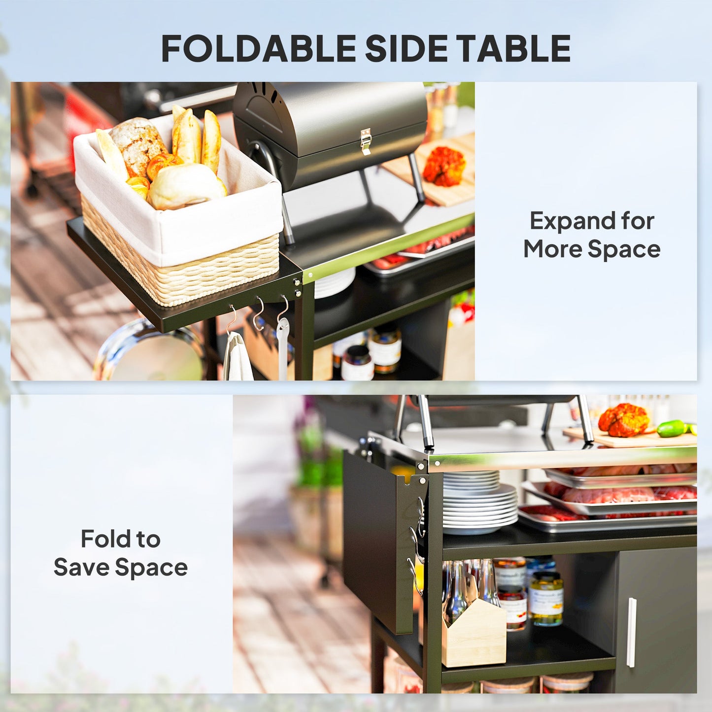 Stainless Steel BBQ Trolley with Folding Table & Wheels