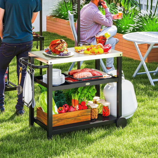 Portable BBQ Trolley with 2-Tier Shelf - Charcoal Grey