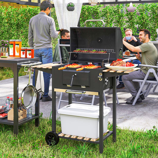 Premium Charcoal BBQ Grill With Adjustable Pan, Thermometer & 3 Shelves