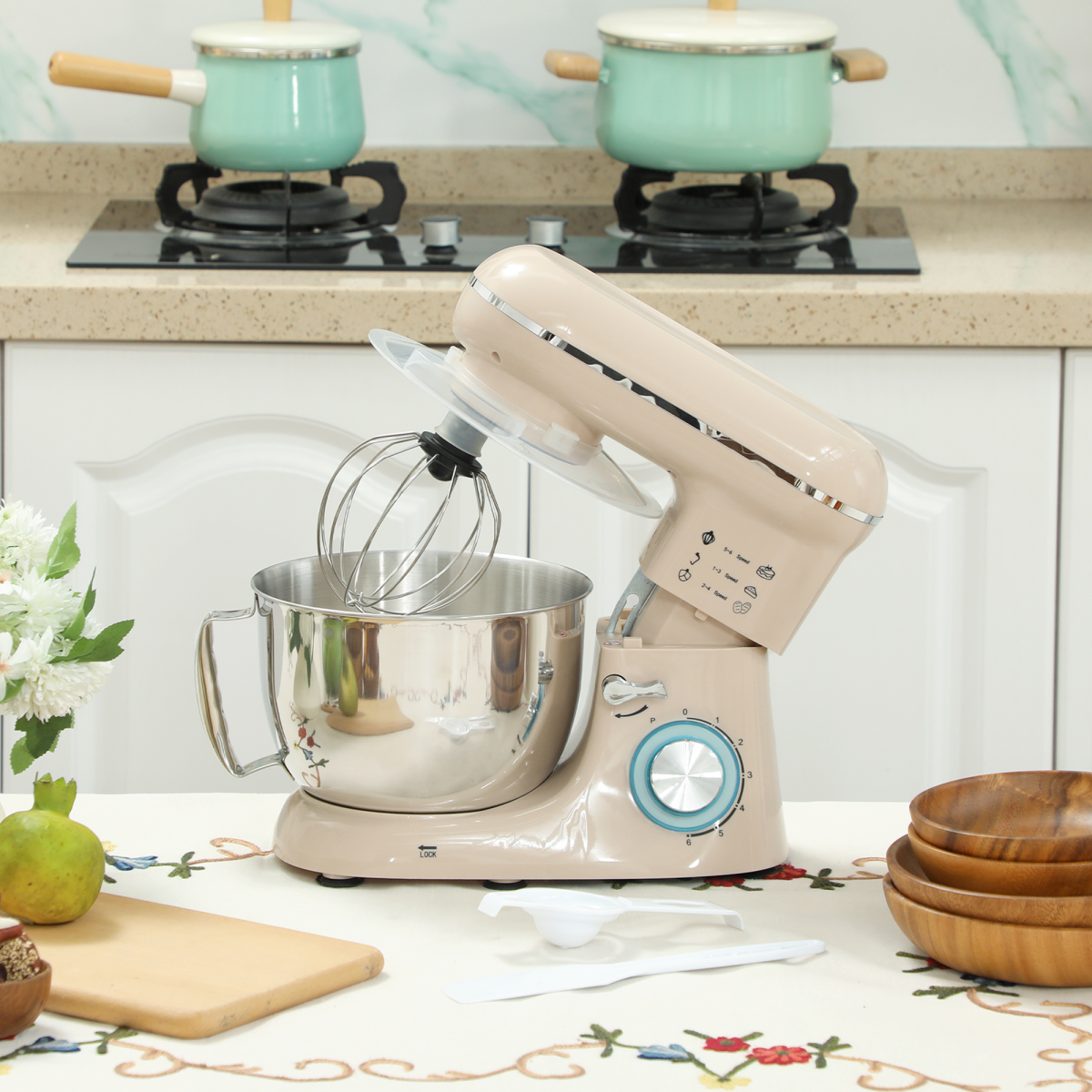 Electric Stand Mixer, 4.5L Food Mixer with Dough Hook, Whisk, Beige