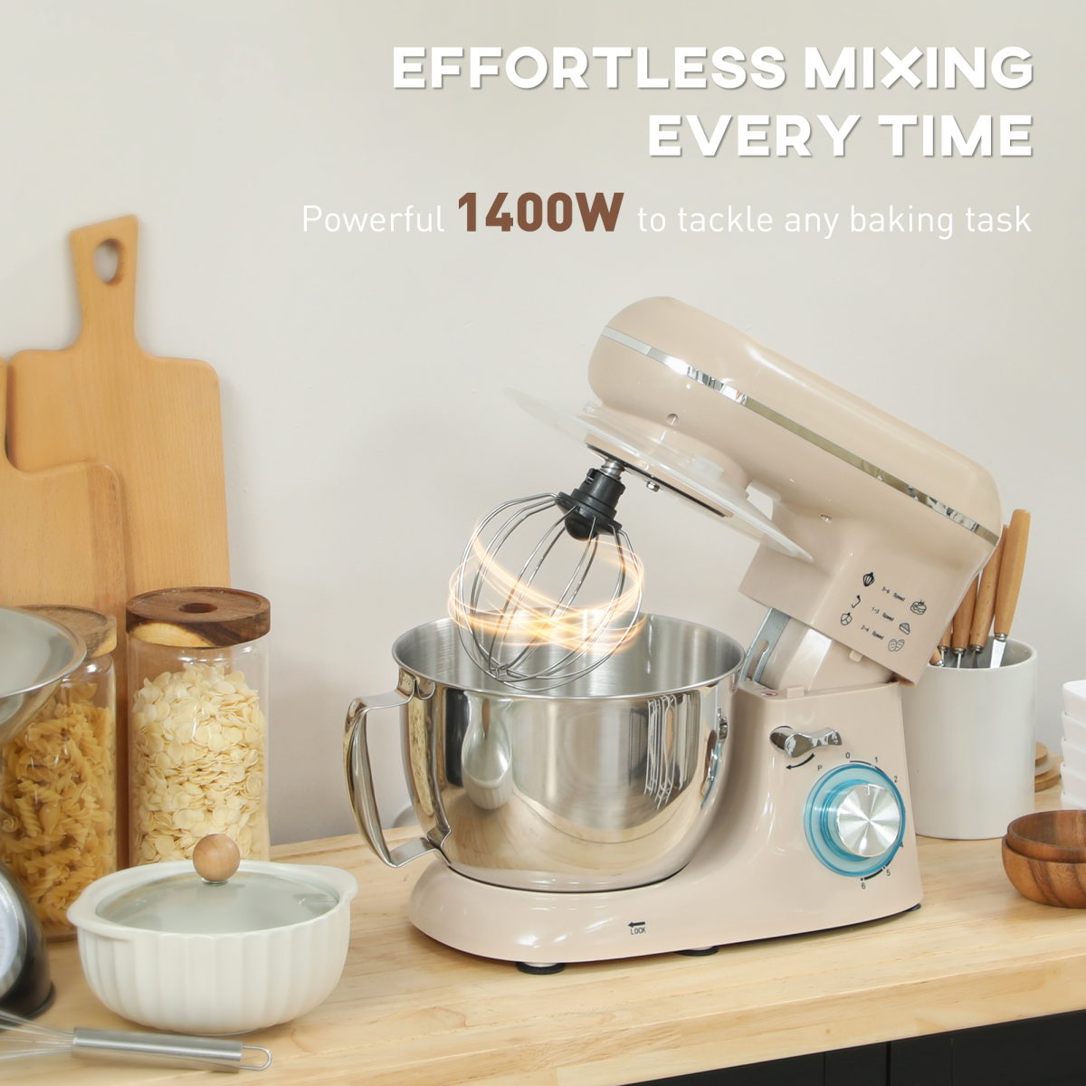Electric Stand Mixer, 4.5L Food Mixer with Dough Hook, Whisk, Beige