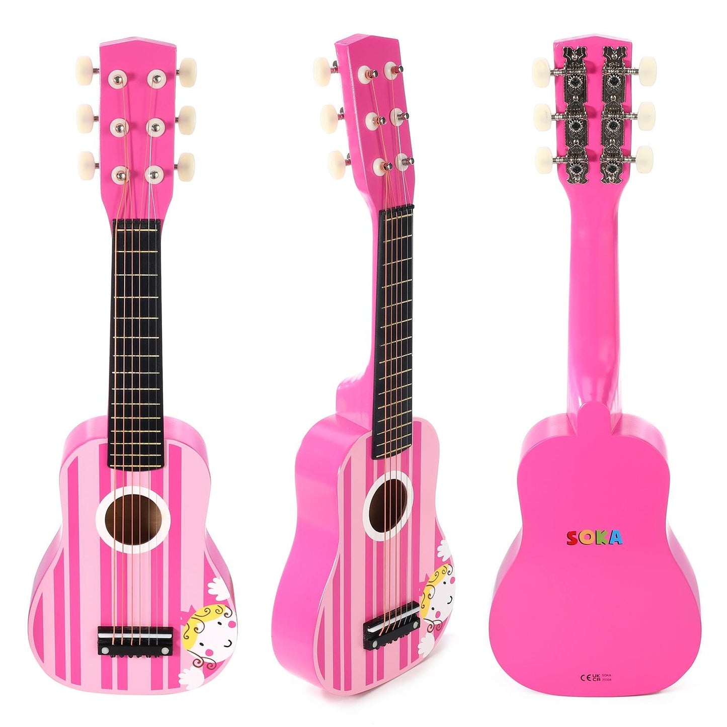 SOKA Pink Striped Wooden Guitar Interactive Musical Toy for Kids Ages 3+