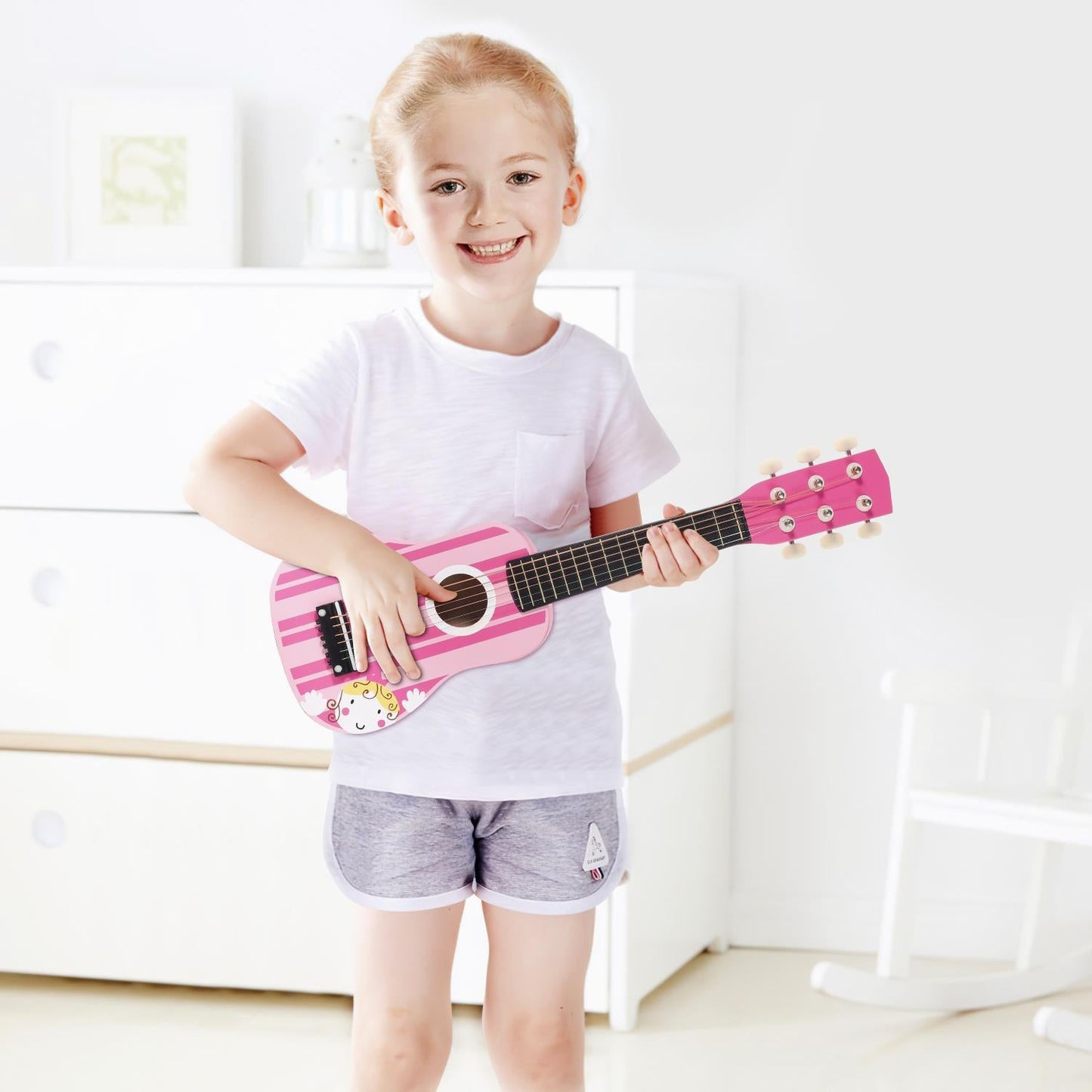 SOKA Pink Striped Wooden Guitar Interactive Musical Toy for Kids Ages 3+