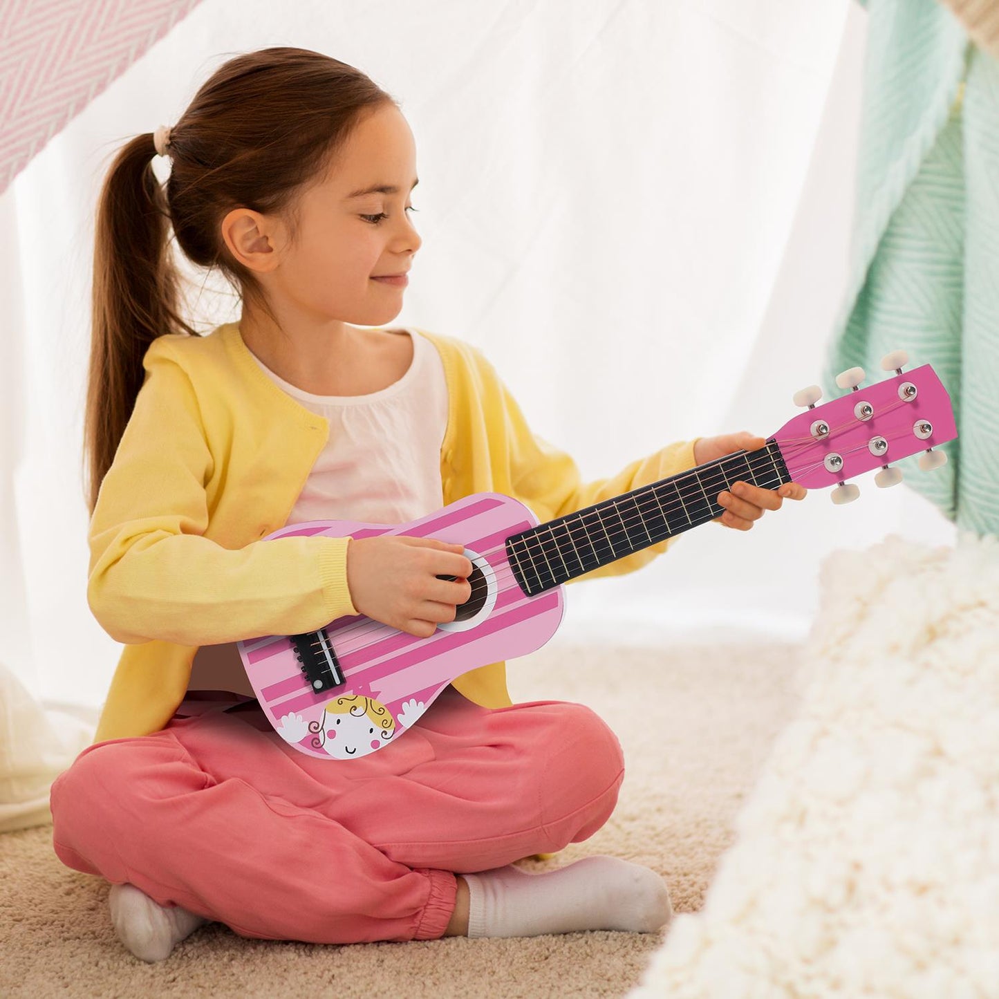 SOKA Pink Striped Wooden Guitar Interactive Musical Toy for Kids Ages 3+