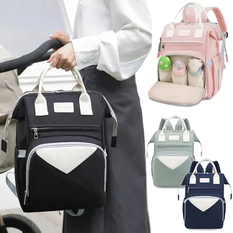 Large Capacity Mommy Diaper Bag – Fashion Baby Stroller Backpack with Changing Mat & Wet/Dry Compartments