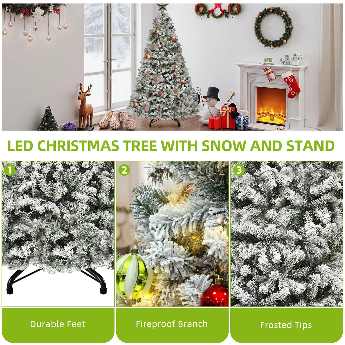 Balconera 6ft Pre-Lit Flocked Christmas Tree – 800 Tips & 250 LED Lights with 8 Modes and Foldable Base