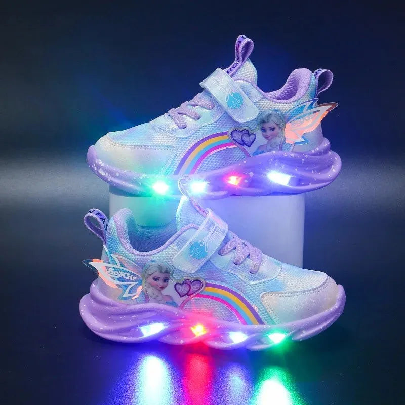 Disney Girls' LED Light-Up Sneakers – Breathable Princess Elsa Sports Shoes (Size 22–35)
