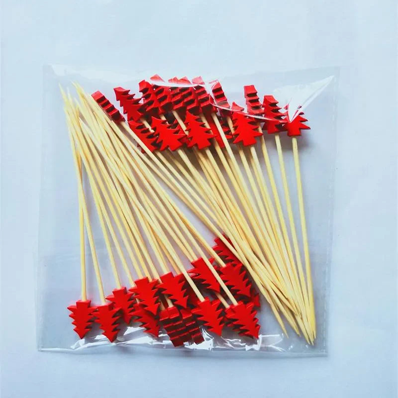 50pcs Christmas Fruit & Dessert Sticks – Bamboo Party Picks with Snowflake, Tree, Elk, Santa & Snowman Designs