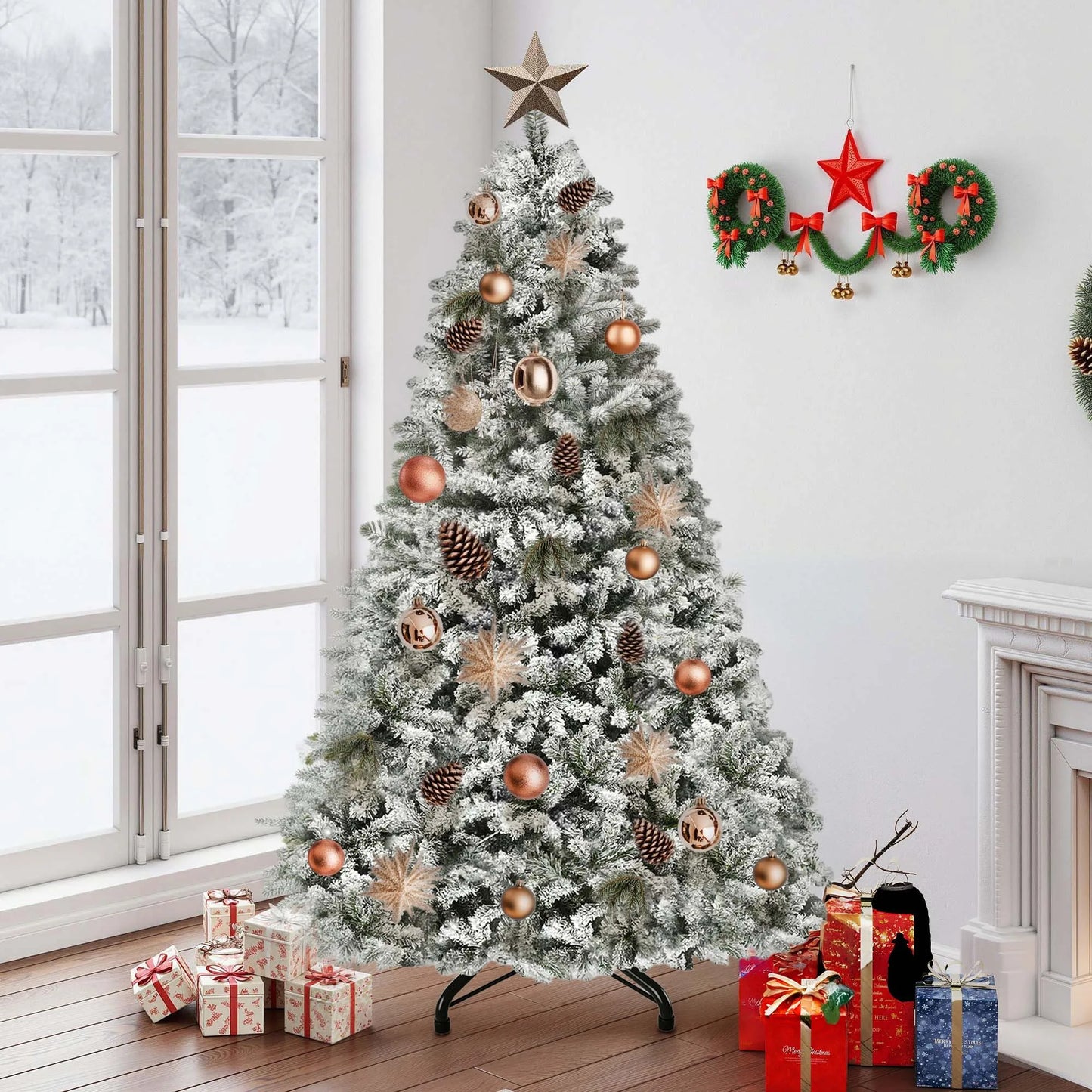 Balconera 6ft Pre-Lit Flocked Christmas Tree – 800 Tips & 250 LED Lights with 8 Modes and Foldable Base