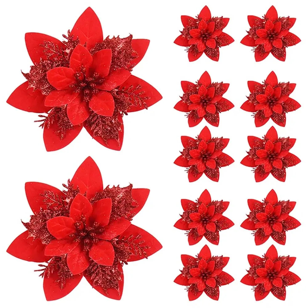5/10pcs Glitter Poinsettia Christmas Flowers – Red, Pink & Gold Artificial Tree Ornaments for Holiday Home Décor